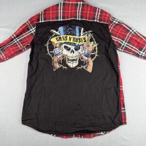Guns N Roses Zara Man Shirt Medium Red Tartan Plaid Flip Cuff Graphic Back Mens